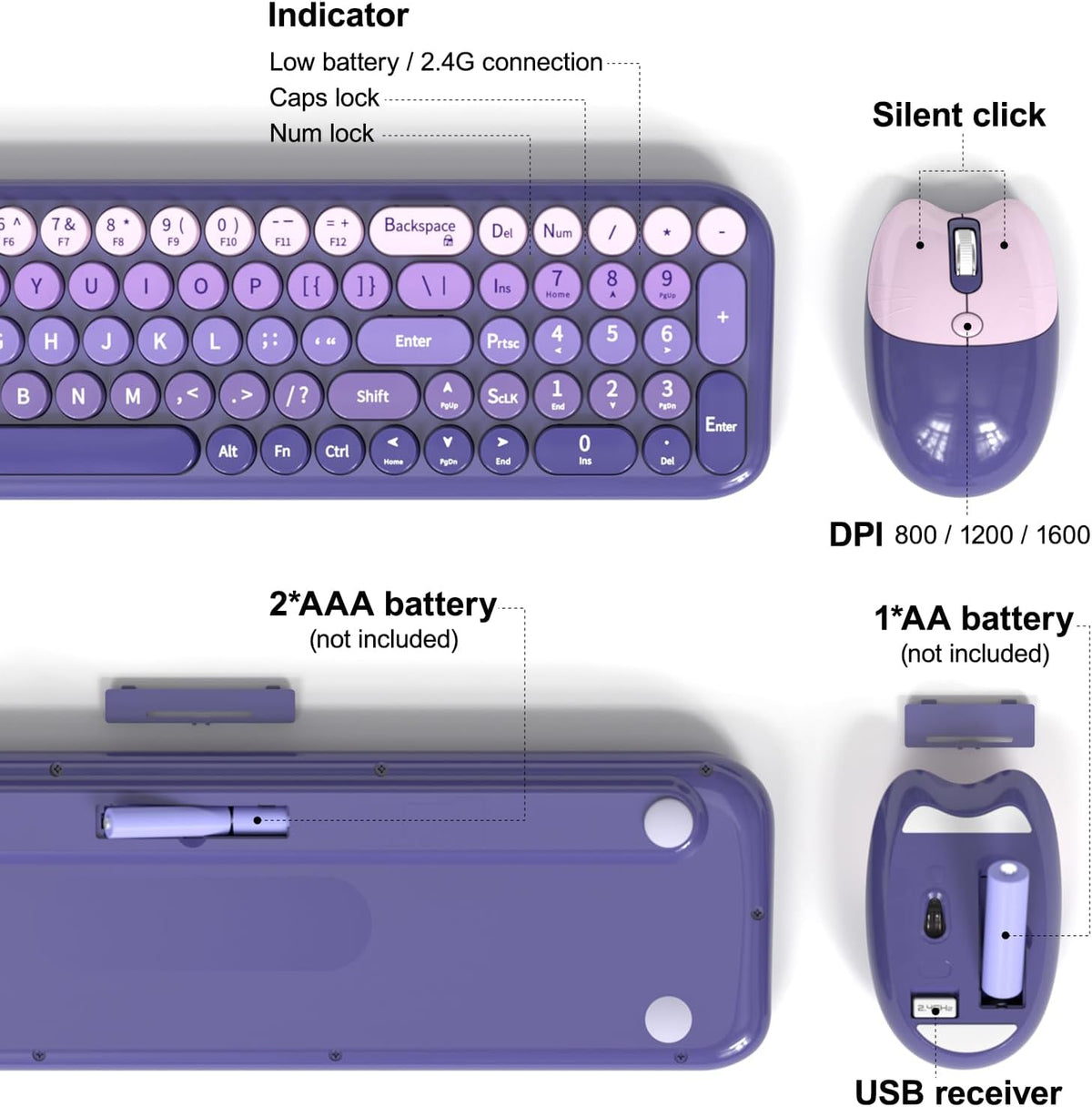 MOFII Wireless Keyboard and Mouse Combo, Compact Small Keyboard with Large Print, 2.4GHz Retro Typewriter Keyboard, Quiet Click Mouse for PC, Laptop, Desktop, Windows (Purple Gradient)