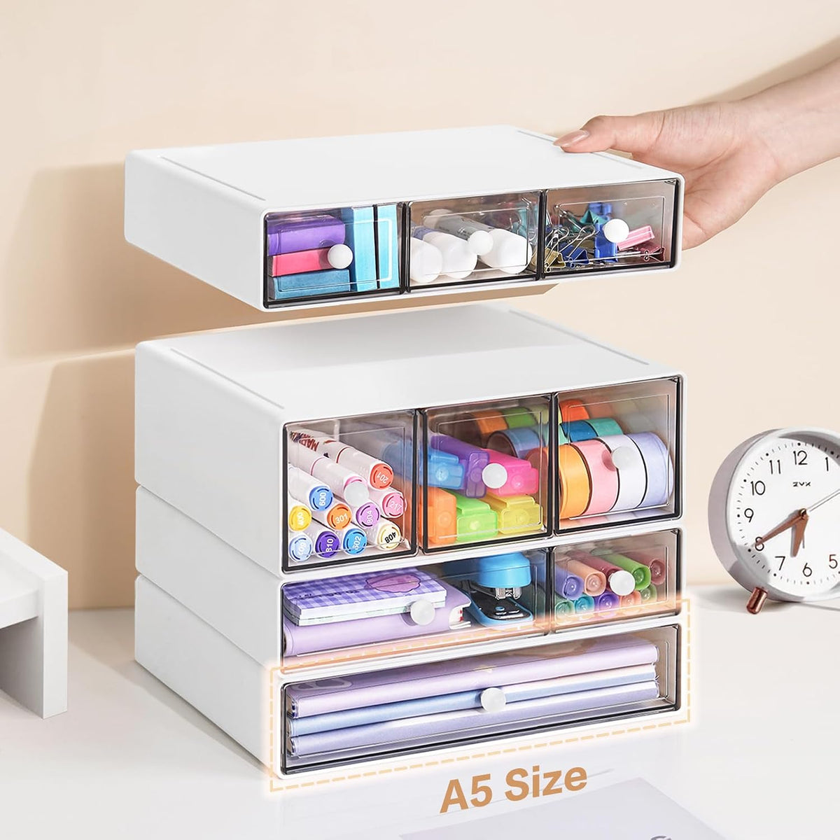 Desk Storage Organizer with 9 Drawers, 4 Tiers Stackable Desktop Craft Storage Drawers, Clear Storage Box Caddy for Stationary Makeup Jewelry Office Craft Supplies (White)