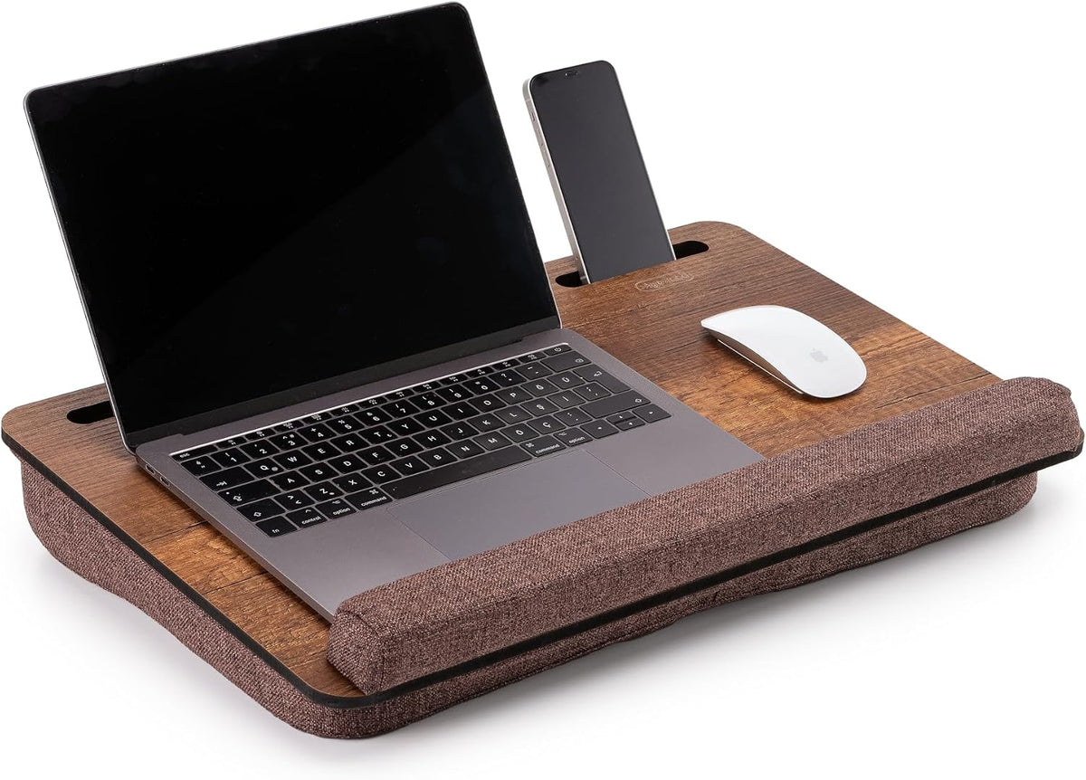 Vigo Wood Laptop Lap Desk with Cushion for Bed, Portable Home Office Tray Fits up to 17.3 Inch, Built-in Phone and Tablet Holder (Walnut & Brown)