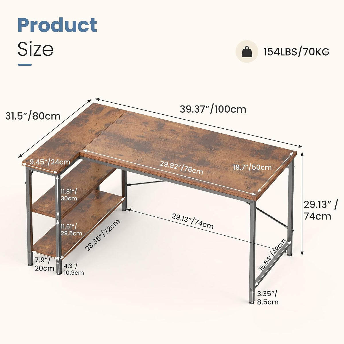DUMOS 39" L Shaped Computer Desk, Corner Desks with Storage Shelves, Brown