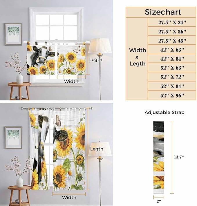 Retro Farmhouse Floral Bathroom Curtains 63 Inch Length, Window Curtains Tab Top