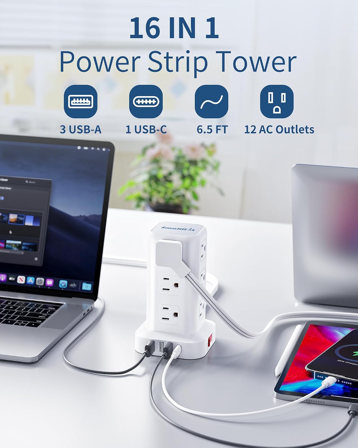 Extension Cord with Multiple Outlets, SMALLRT Flat Plug Power Strip Tower with USB 12 AC Outlets, 6.5FT Ultra Thin Extension Cord Outlet Extender for Home Office, Overload Protection