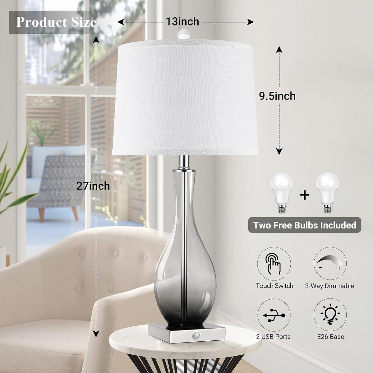 27" Glass Table Lamps with USB Ports, Touch Bedside Desk Lamps Set of 2