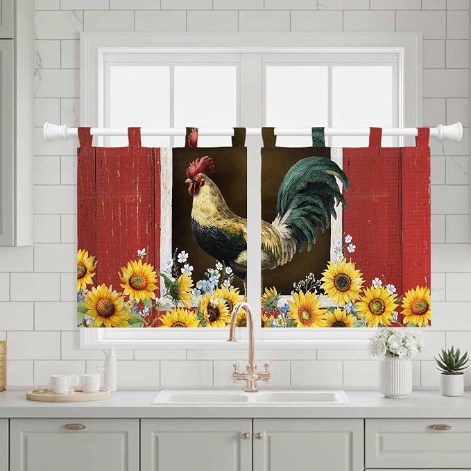 Chicken Sunflowers Kitchen Curtains 24 Inch Length, Small Window Curtains Tab