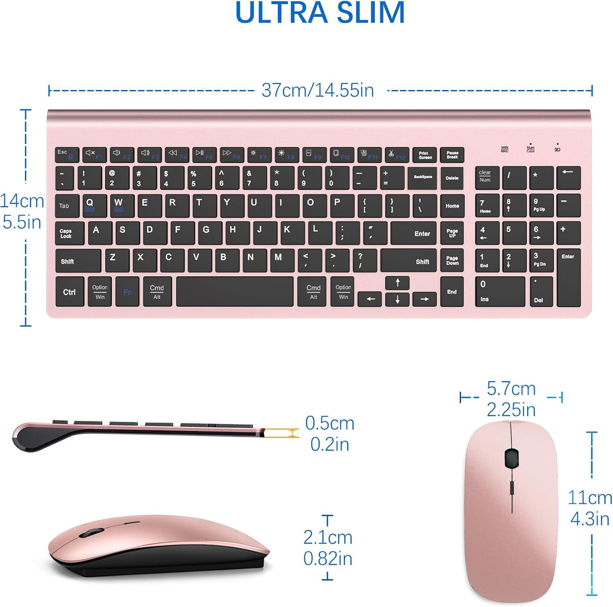 Wireless Keyboard and Mouse Ultra Slim Combo, Dual System - Rose Gold Black