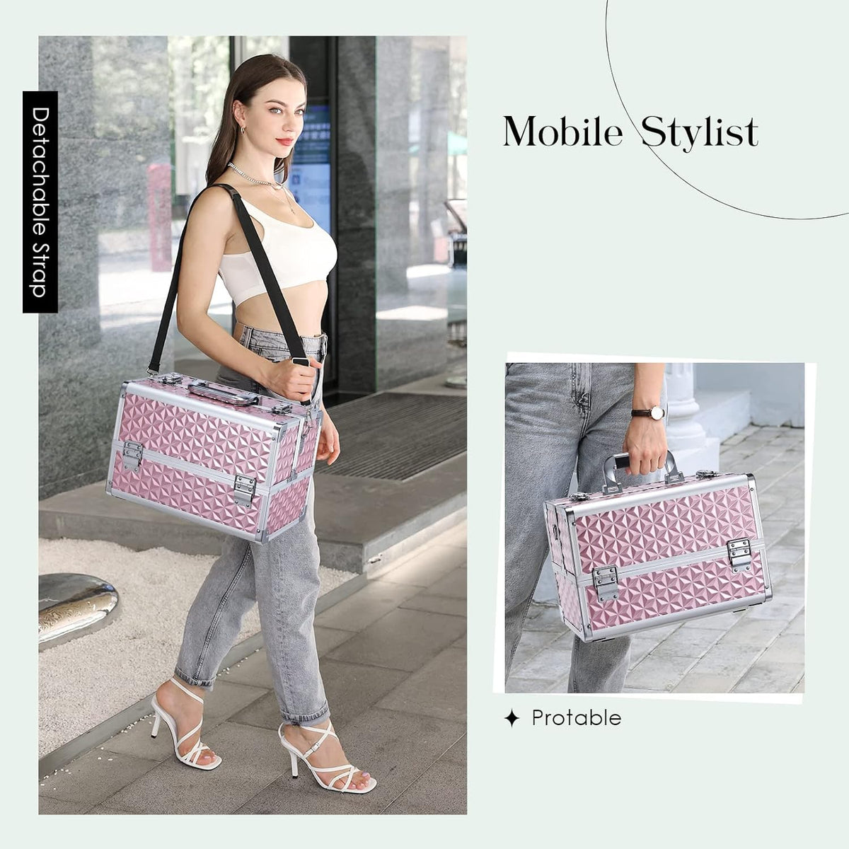 Joligrace Makeup Train Case Professional Cosmetic Organizer Aluminum Storage Box with 4 Adjustable Dividers Trays Lockable Portable with Shoulder Strap