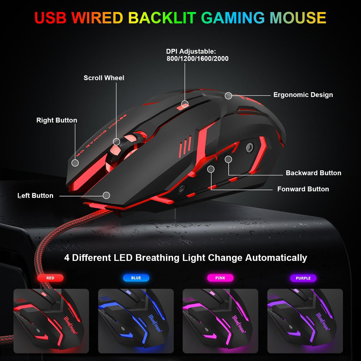 BlueFinger RGB Gaming Keyboard and Backlit Mouse Combo, USB Wired, LED Gaming Set for Laptop PC Computer Game and Work(Black & Gray)