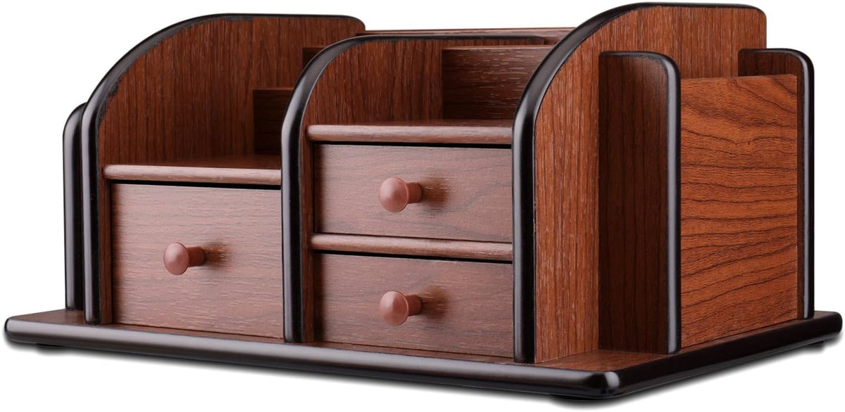 Flexzion Wooden Desk Organizer w/Drawers - Classic Wood Office Supplies Accessories Desktop Tabletop Sorter Shelf Rack Cherry Brown Pencil Holder Caddy Set with 3 Drawers, 3 Compartments & 2 Shelves