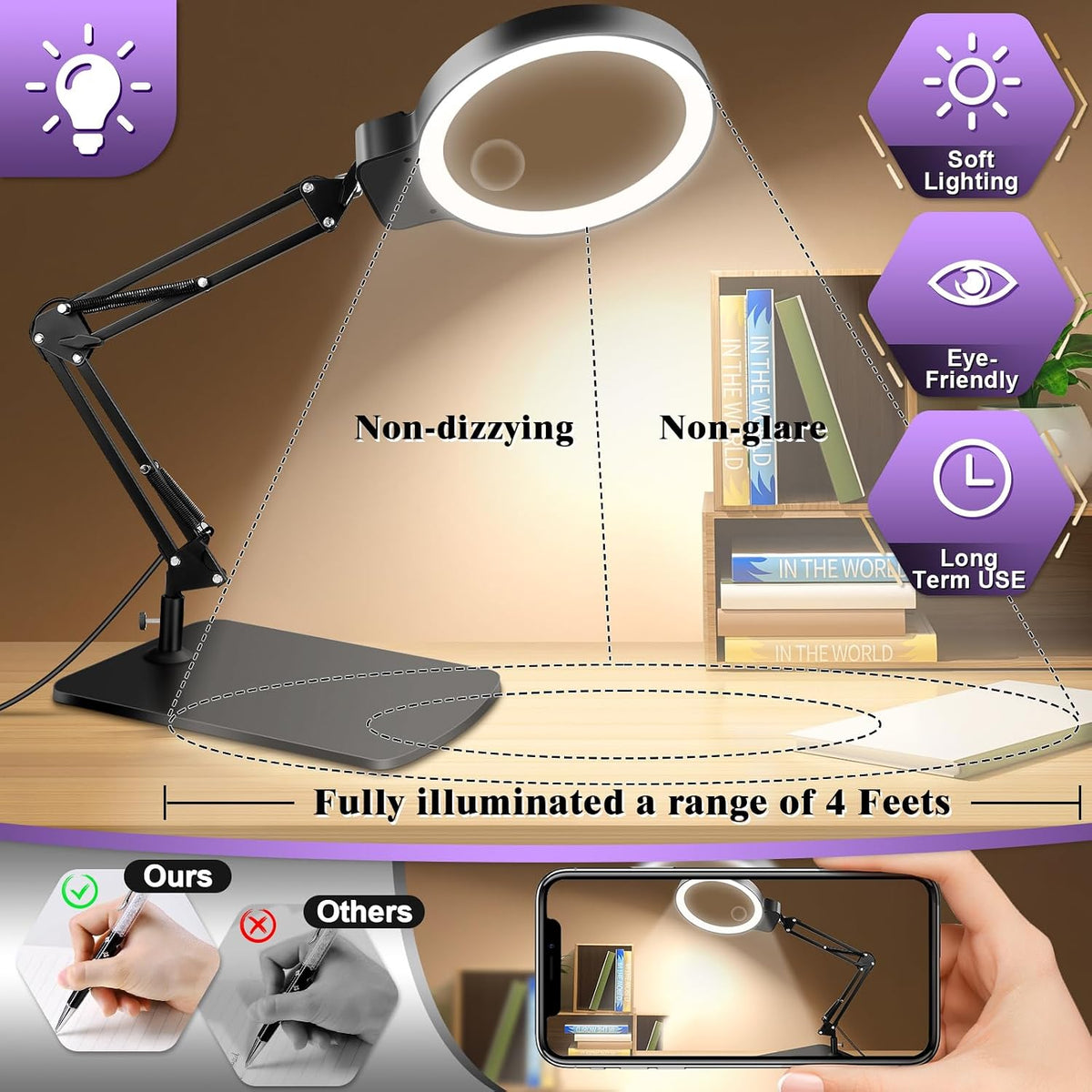 30X 10X Large Magnifying Glass with Light and Stand,Lighted Magnifier