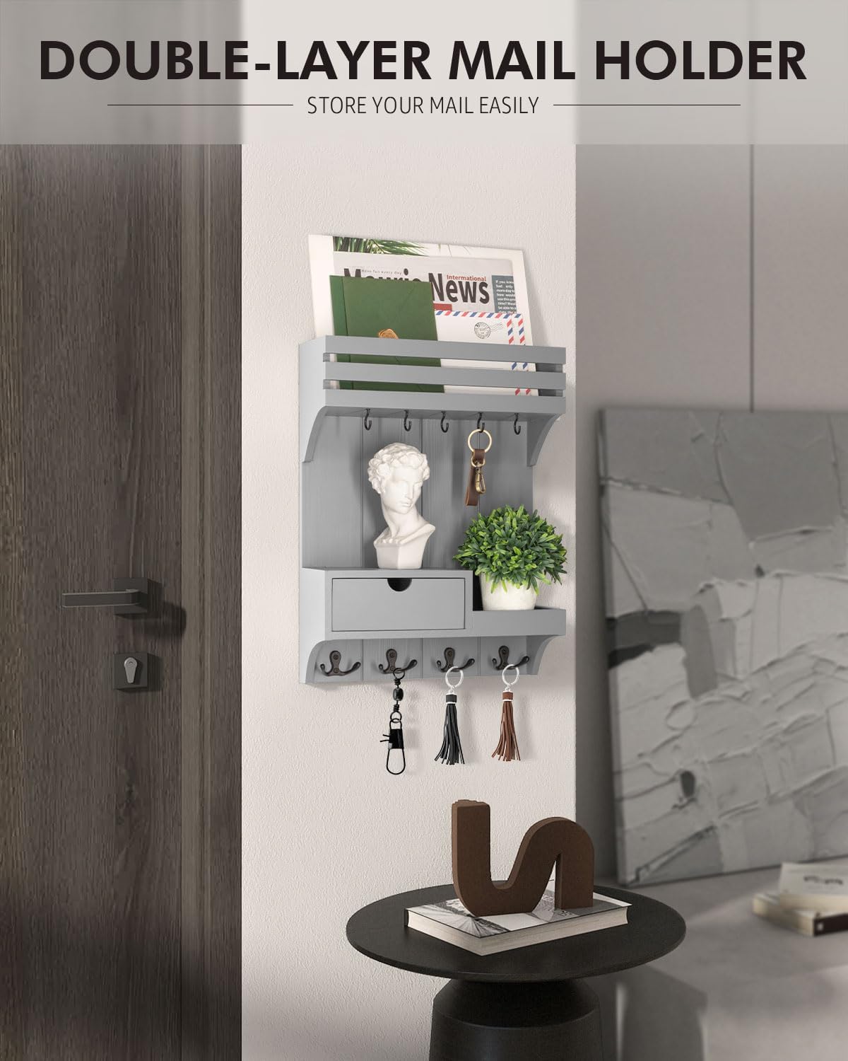 Rebee Vision Key Holder Wall Mount with Drawer & Shelf for Entryway, Gray