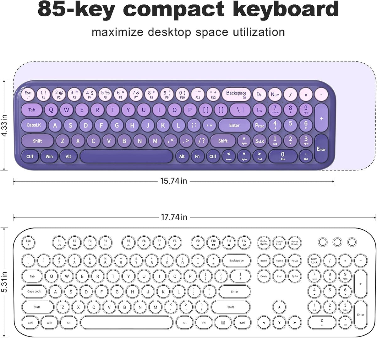 Wireless Keyboard and Mouse Combo, MOWUX Compact Typewriter Retro Round Computer Keyboard, Cute Optical Mouse Wireless, Plug and Play, for Laptop, PC, Computer- Purple Gradient
