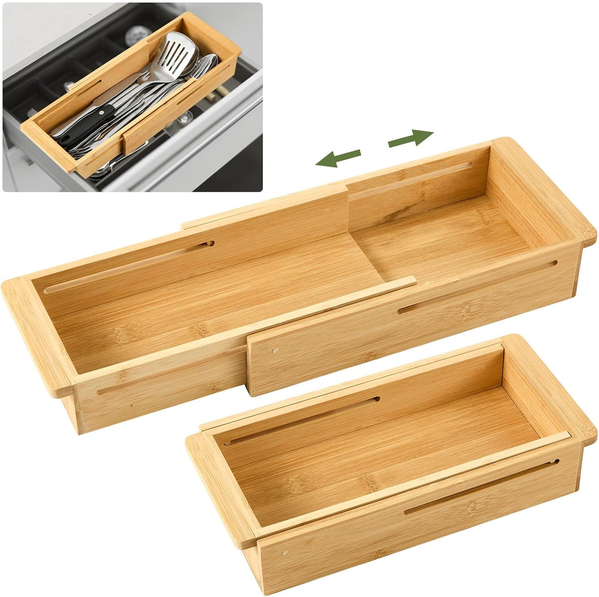 LemonRoad 2 Pcs Sliding Drawer Organizer Bamboo, Wood, 12.4-17.7 Inch
