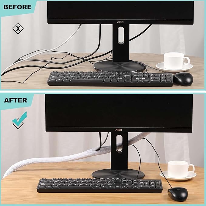 AGPTEK Cable Sleeve Cover, 10ft - 1 inch Desk Cord Organizer Cable Hider, Home Office Wire Management Computer TV Wire Loom Tubing, Pet Proof Cord Protector, from Cat Dog Chewing, Black