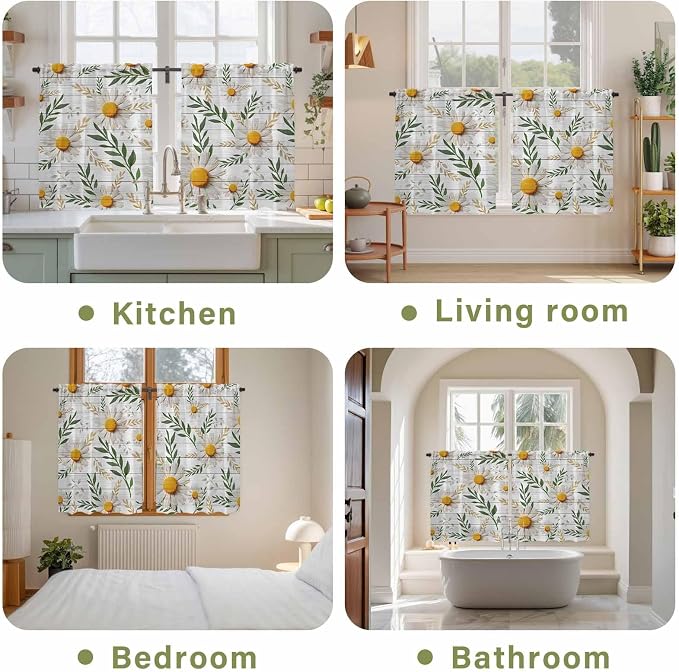 Spring Daisy Kitchen Curtains, Farmhouse Country Flower Leaf Plant Wood Grain
