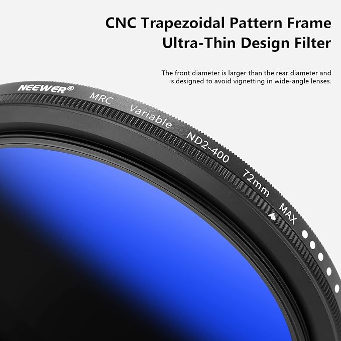 NEEWER 72mm Variable ND Filter ND2-ND400, Neutral Density Filter, Water and