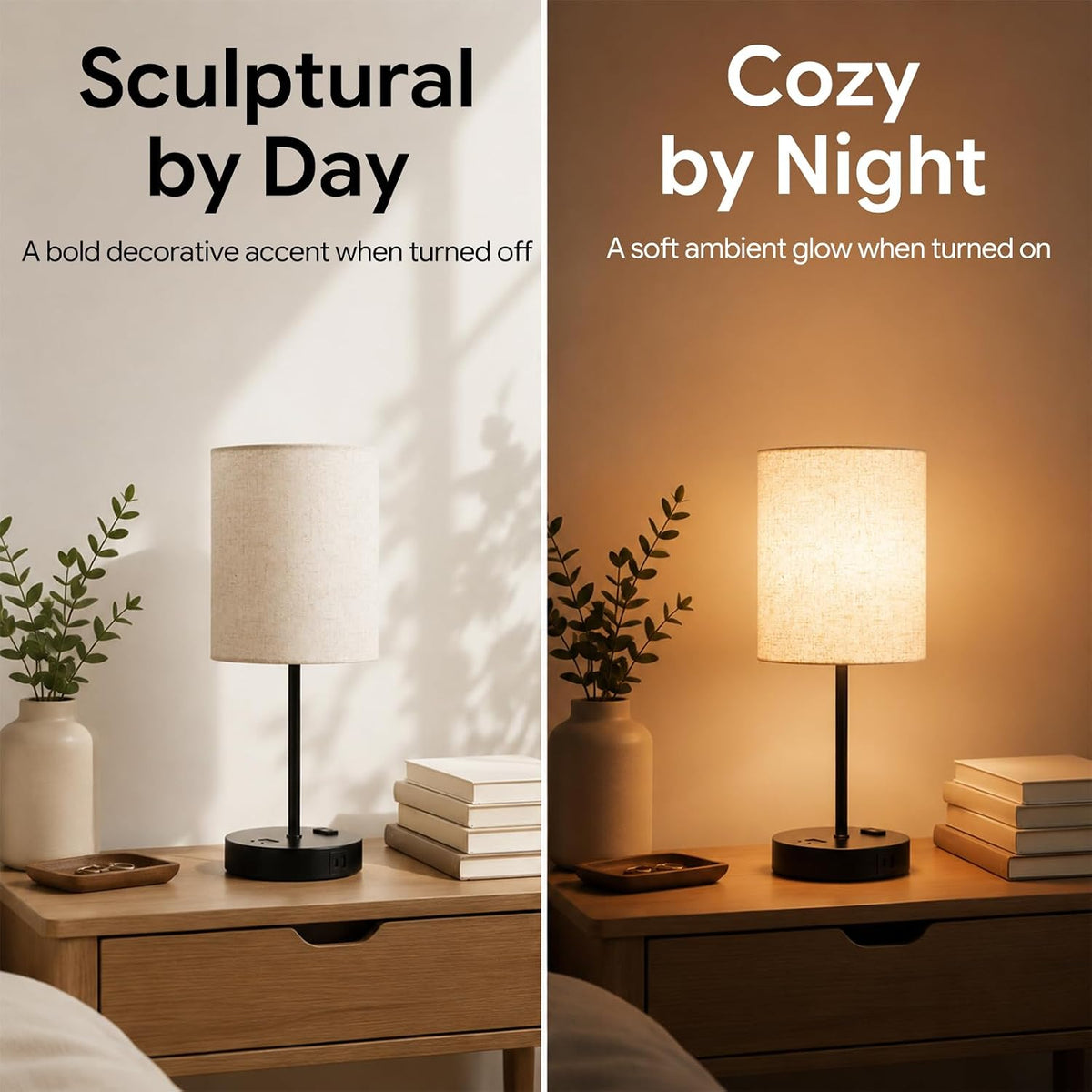 BySea Bedside Table Lamp with Clock, Remote, Touch On/Off, USB & AC Outlet