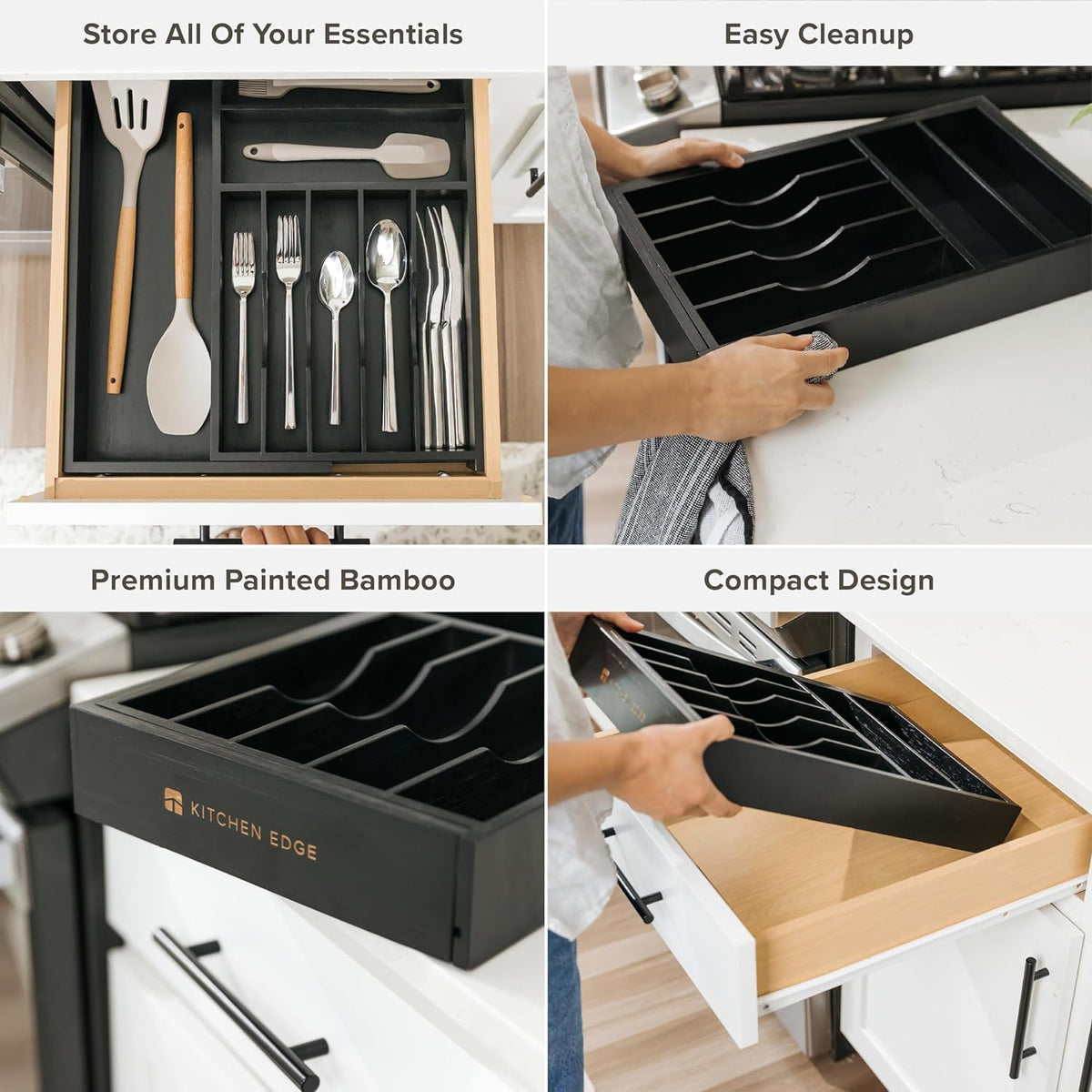 KitchenEdge Silverware & Utensil Drawer Organizer, 10.5-19 in, Black Bamboo