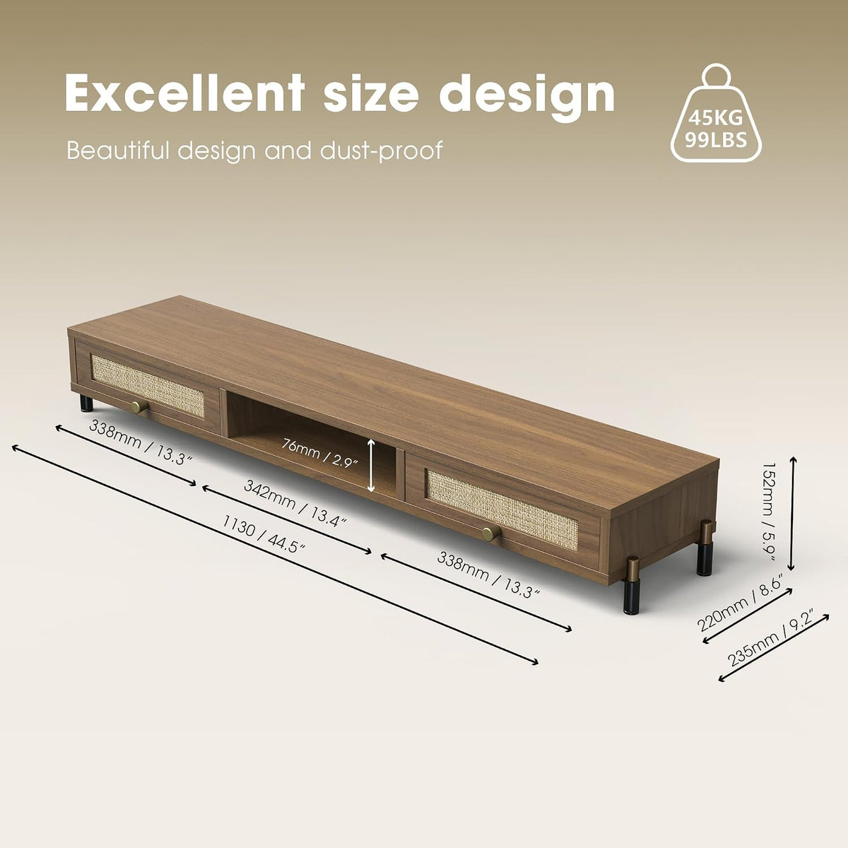 Fenge Dual Monitor Stand, Wooden Riser with Rattan Woven Flip Drawers