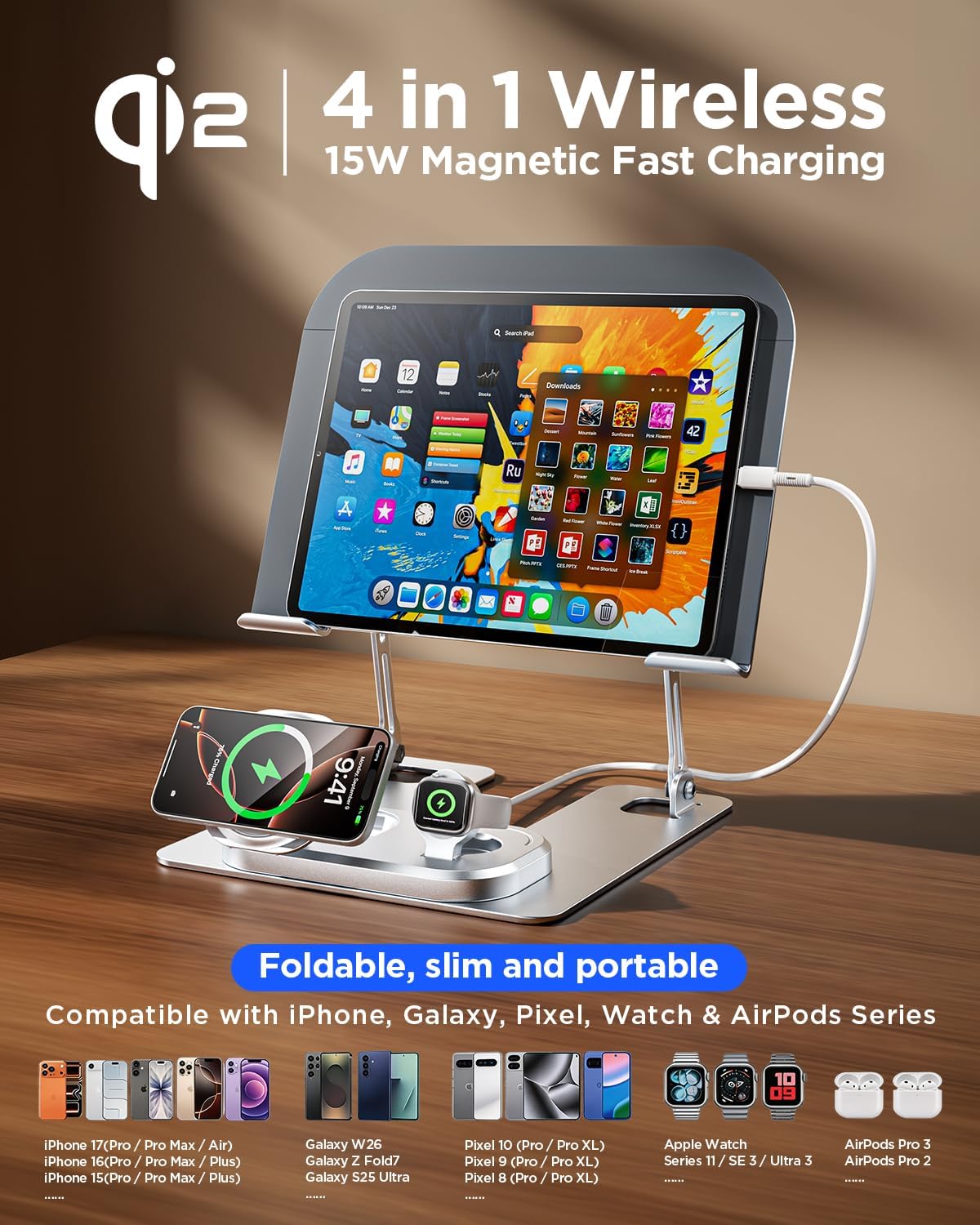Adjustable Laptop Stand with Wireless Charger, Qi2 15W, 4in1