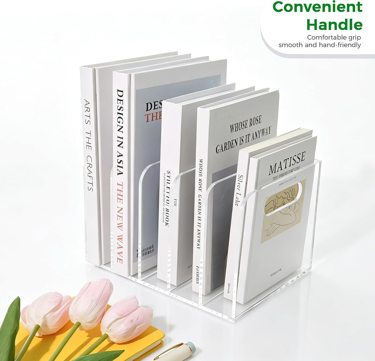 Lovemolly 5-Slot Clear Acrylic Magazine File Holder, Vertical Desk Organizer with Handle – No-Assembly Document Sorter for Office & Home, 7.48 x 10.04 x 6.3 in