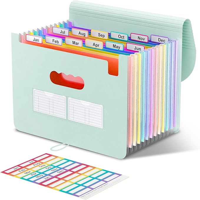 ThinkTex Accordion File Organizer, 12 - Pocket Expanding File Folders for Paper Receipts, Bills&Taxes Organizer, Letter/A4 Size Document Holder for School, Office, Home with tabs-Sage Green