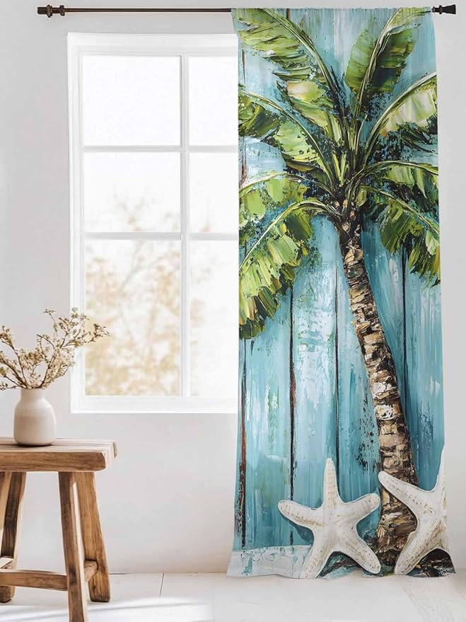Sheer Curtains 108 Inches Long, Coastal Beach Starfish Semi Sheer Curtains