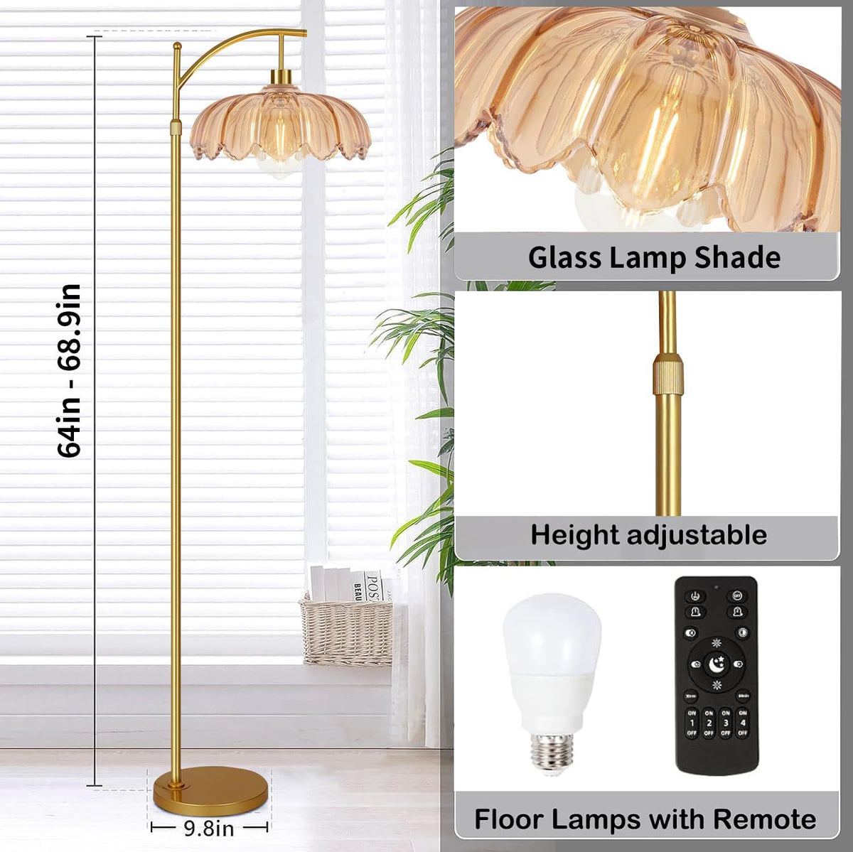 QIYIZM Glass Floor Lamp for Living Room,Bedroom,Gold Dimmable Standing Lamp with Remote,Mid Century Modern Brass Tall Lamp Boho Floor Lamps Arc Stained Flower Floor Light Lamp Bohemian