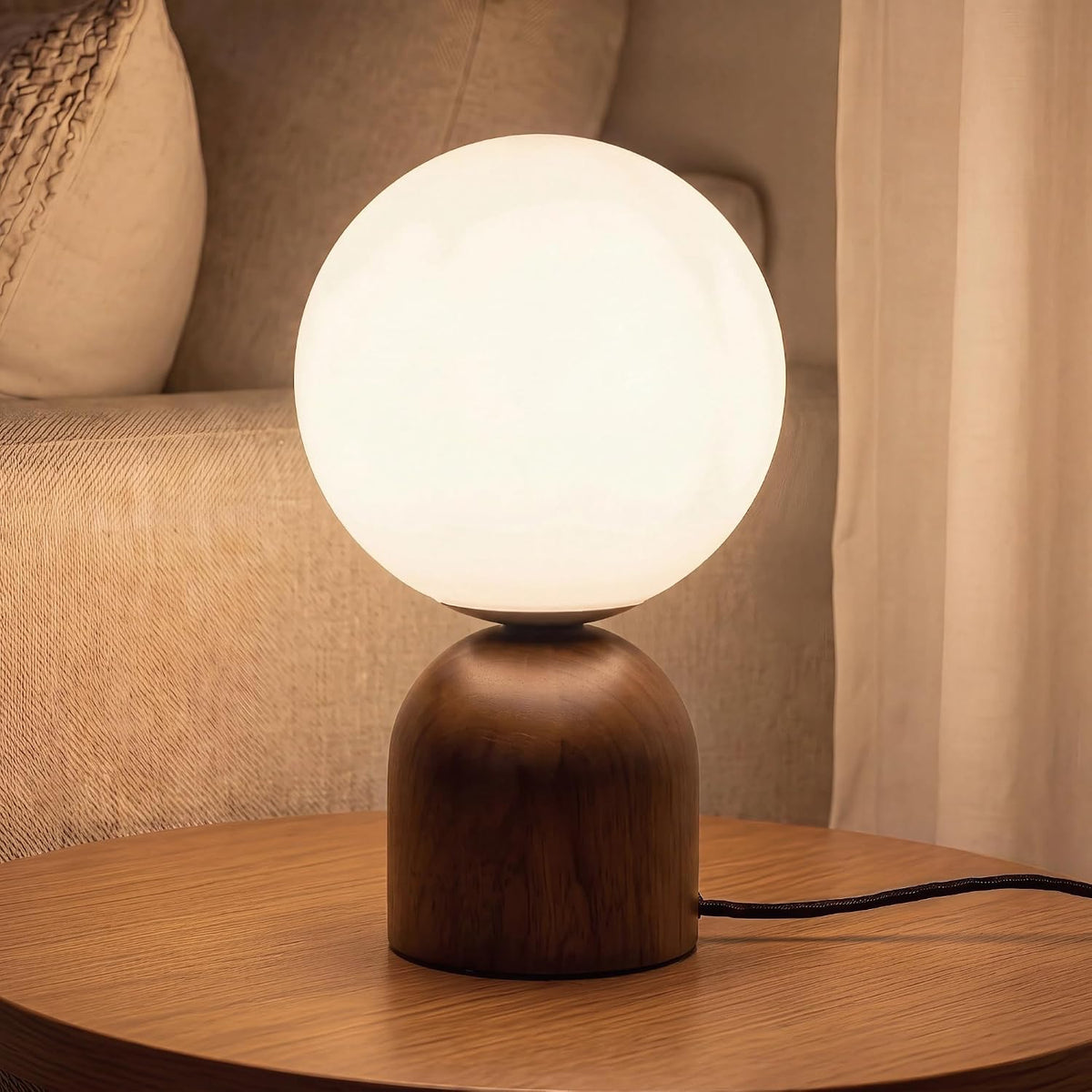 9.8" Dimmable Solid Wood Table Lamp with Opal Glass Globe Shade, Walnut