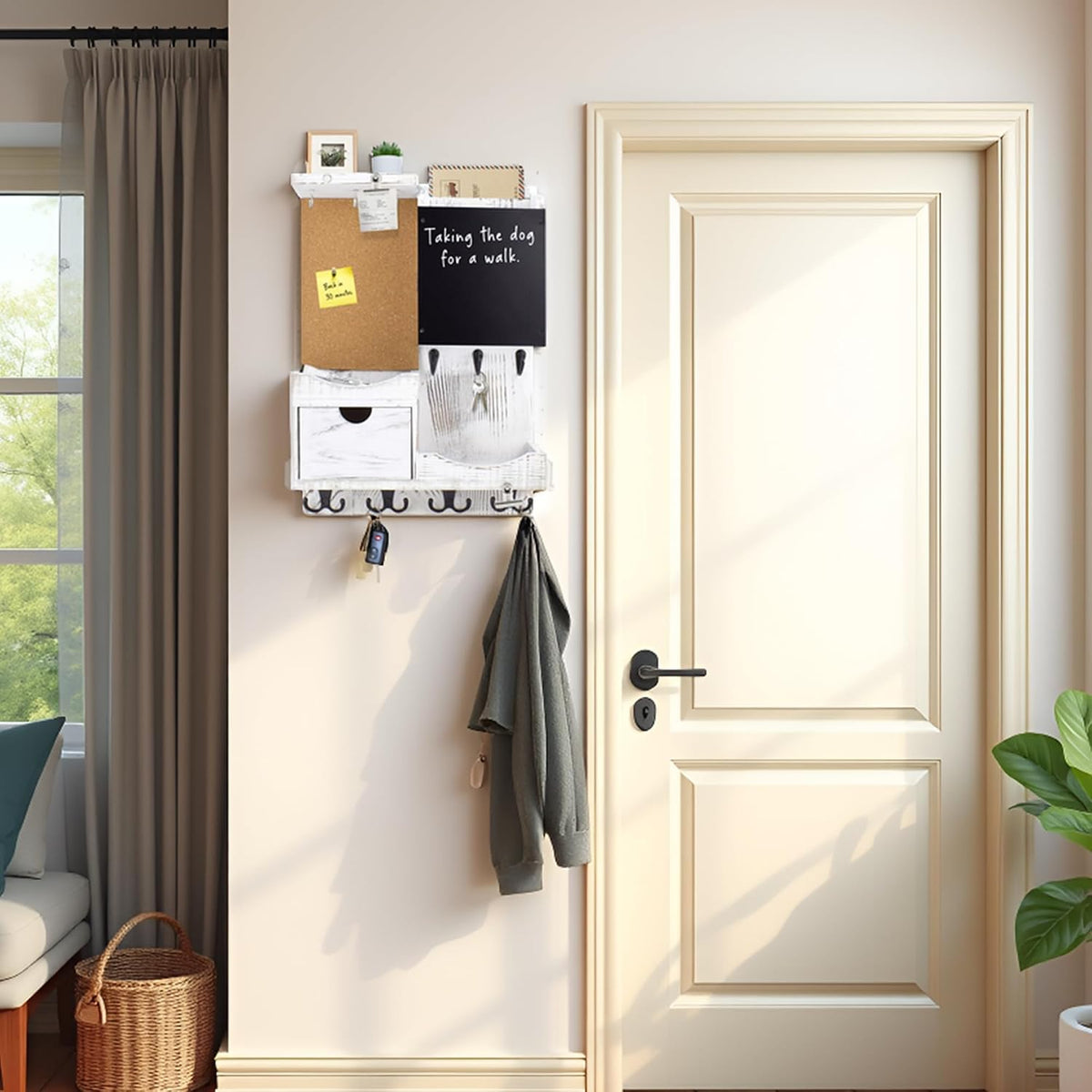 Key Holder Wall Mount with Drawer and Mail Organizer, Whitewashed
