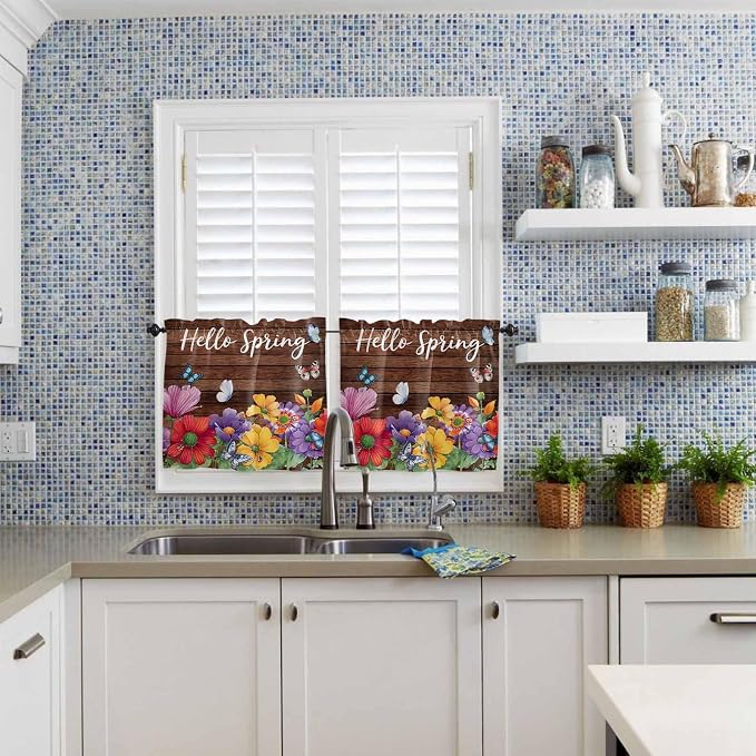 Spring Flowers Half Window Curtain 36 Inches Long, Watercolor Farmhouse