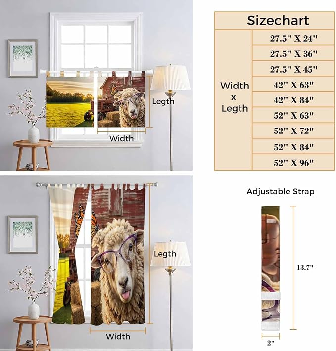 Farm Sheep Kitchen Curtains 24 Inch Length, Small Window Curtains Tab Top