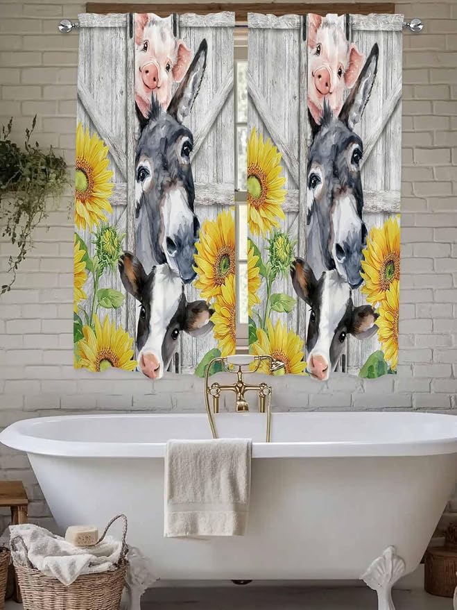 Farmhouse Bedroom Curtains 63 Inches length, Watercolor Sunflowers Animals