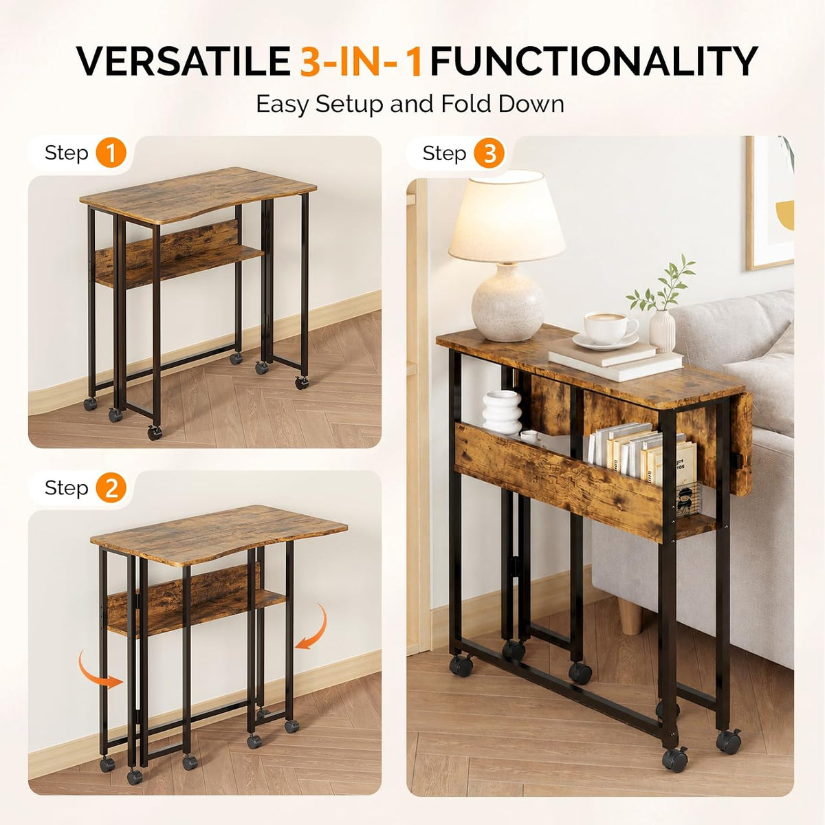 VINGLI 31.5 Inch Folding Computer Table, Small Rolling Desk with Storage Shelf, Space-Saving Sofa Table for Couch, Portable Writing Workstation Office Computer Desk, Brown