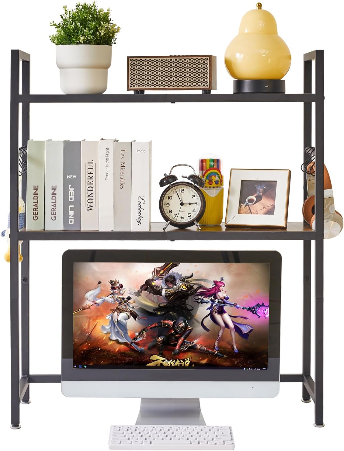 IBUYKE Office Desktop Shelf Organizer Computer Storage Rack Adjustable Desk Bookshelf Display Shelf for Office Home Dormitory,Brown UTMZ004H