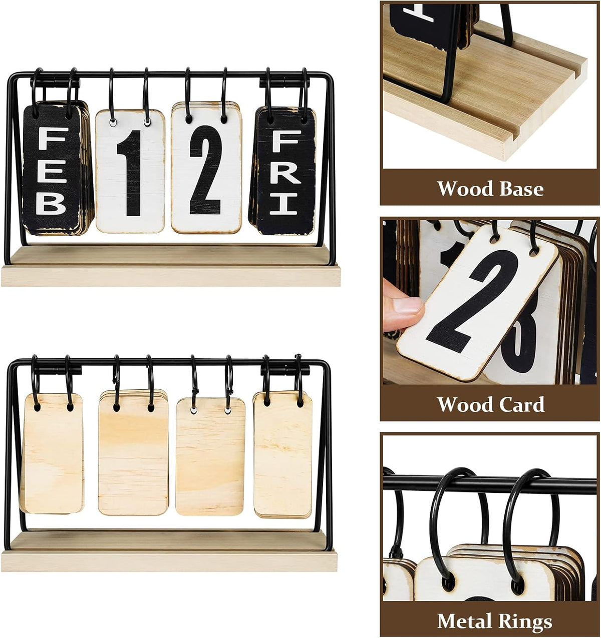 Wooden Desk Calendar 2025 2026 Standing Flip, Vintage Perpetual Flip Calendar with Large Display, Daily Desktop Calendar Rustic Farmhouse Desk Accessories for Home Office Decor, Foldable,Reusable Yearly
