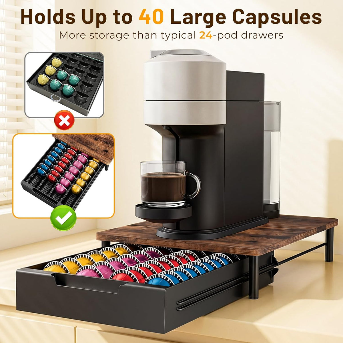 EVERIE Coffee Pod Drawer for Vertuo Pods, Flexible Slots, Rustic Brown