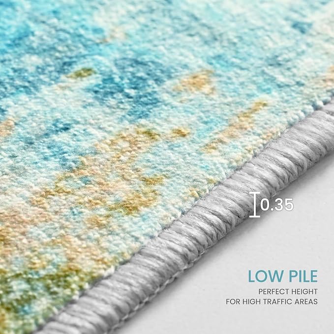 Ompaa Living Room Rug 8x10 Teal Blue Area Rugs Machine Washable Abstract Boho
