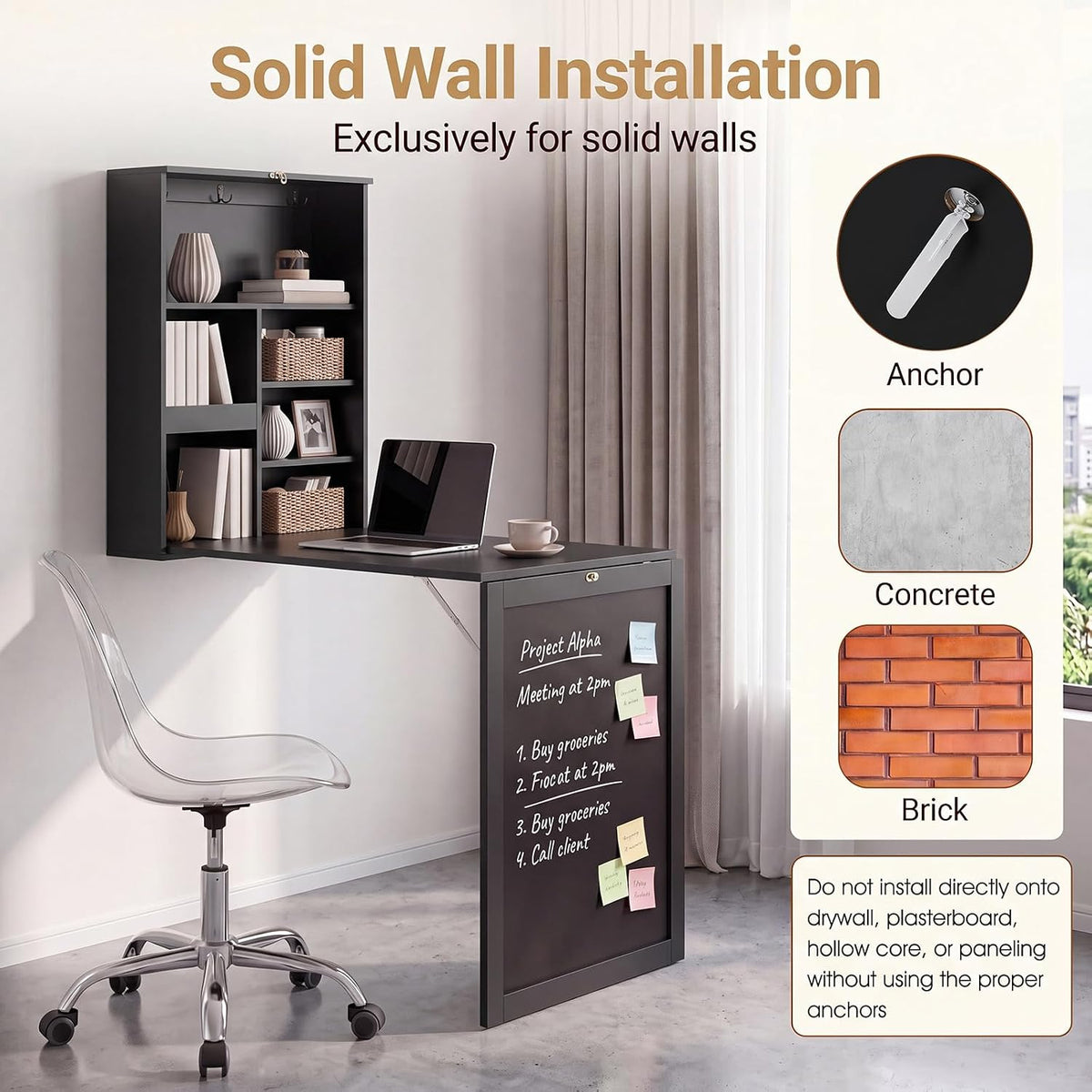Tangkula Foldable Wall-Mounted Desk, Floating Desk with Chalkboard, Storage Shelves & Hooks, Space-Saving Murphy Table for Home Office, Bedroom, Dorm Room, Small Spaces