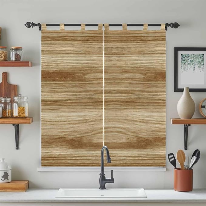 Light Brown Wood Grain Bathroom Curtains 63 Inch Length, Window Curtains Tab Top