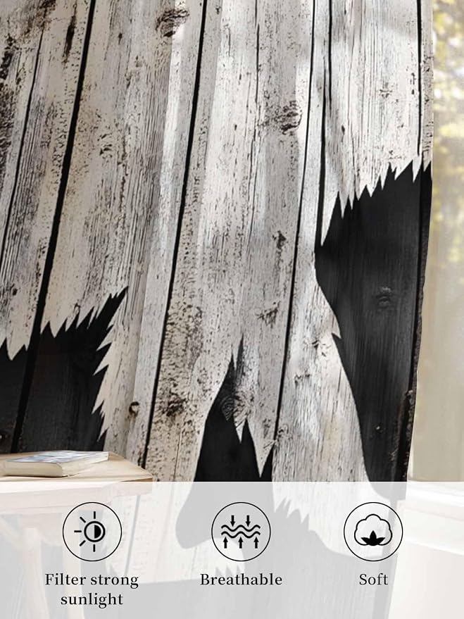 Sheer Curtains 108 Inches Long, Farmhouse Country Rustic Wooden Grain Privacy