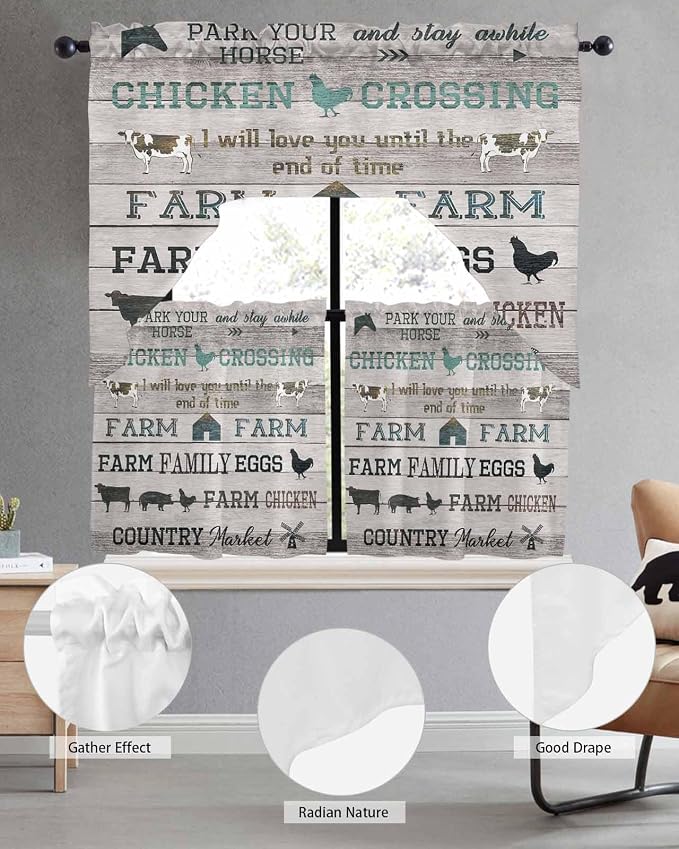 Farmhouse Swag Kitchen Curtains Valance and Tier Set, Rod Pocket Short Curtain