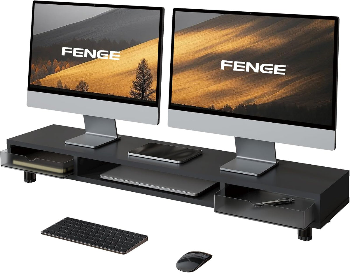 Fenge Dual Monitor Riser with 2 Drawers, 42.5in Long Desk Shelf, Black