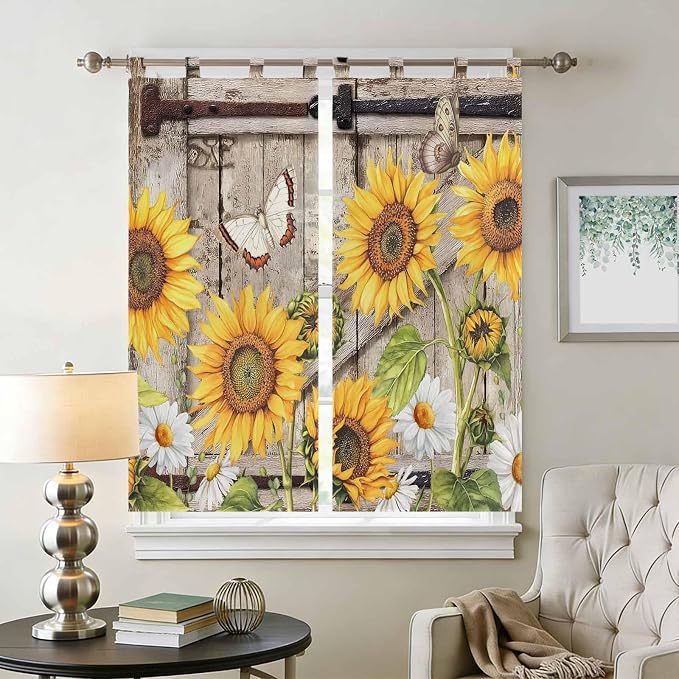 Farmhouse Sunflowers Bathroom Curtains 63 Inch Length, Window Curtains Tab Top