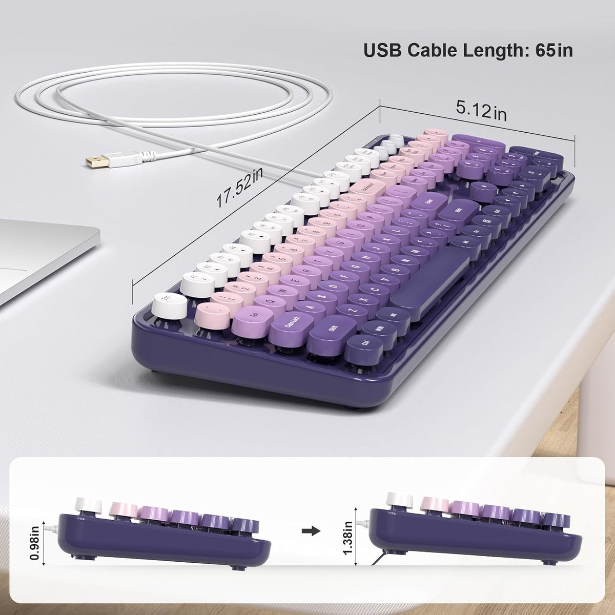 Wired Retro Keyboard, 104 Keys Full-Sized Typewriter Keyboards, Office Keyboard with Number Pad, Foldable Stands for Windows, PC, Laptop, Desktop (Purple Gradient)