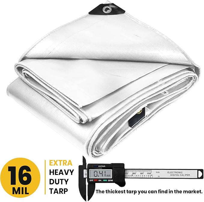 PROTARP Extra Heavy Duty 16 Mil Tarp Cover, Waterproof, UV Resistant, Rip and Tear Proof, Poly Tarpaulin with Reinforced Edges for Roof, Camping, Patio, Pool, Boat. (White 16′ X 20′)