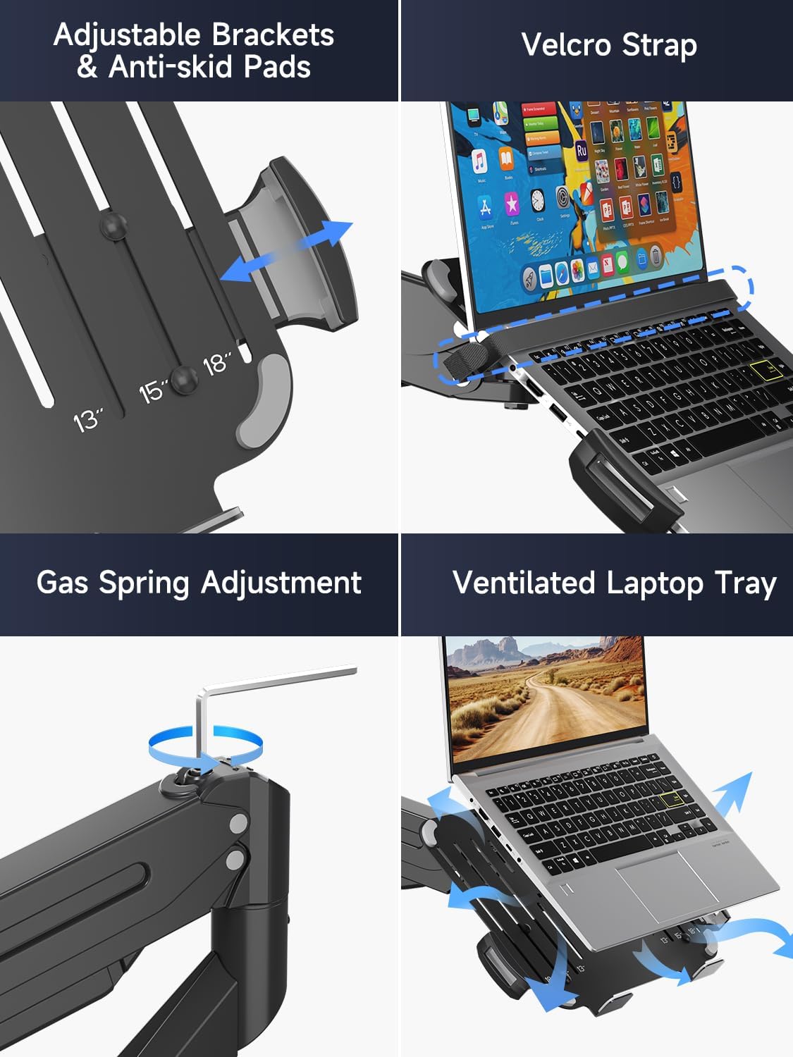 suptek Laptop Desk Mount,Fully Adjustable Monitor and Laptop Mount Stand for 13-18 Inch Notebook and 17-35 inch Monitor Screen,Holds 24.25lbs with Vented Tray