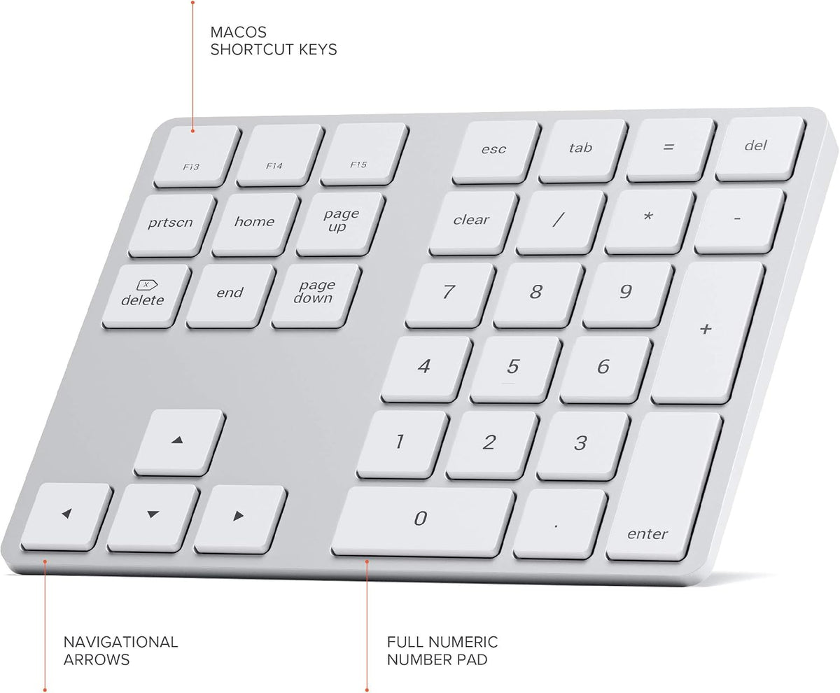 Satechi Bluetooth Extended Numeric Keypad, Rechargeable 34-Key, Silver