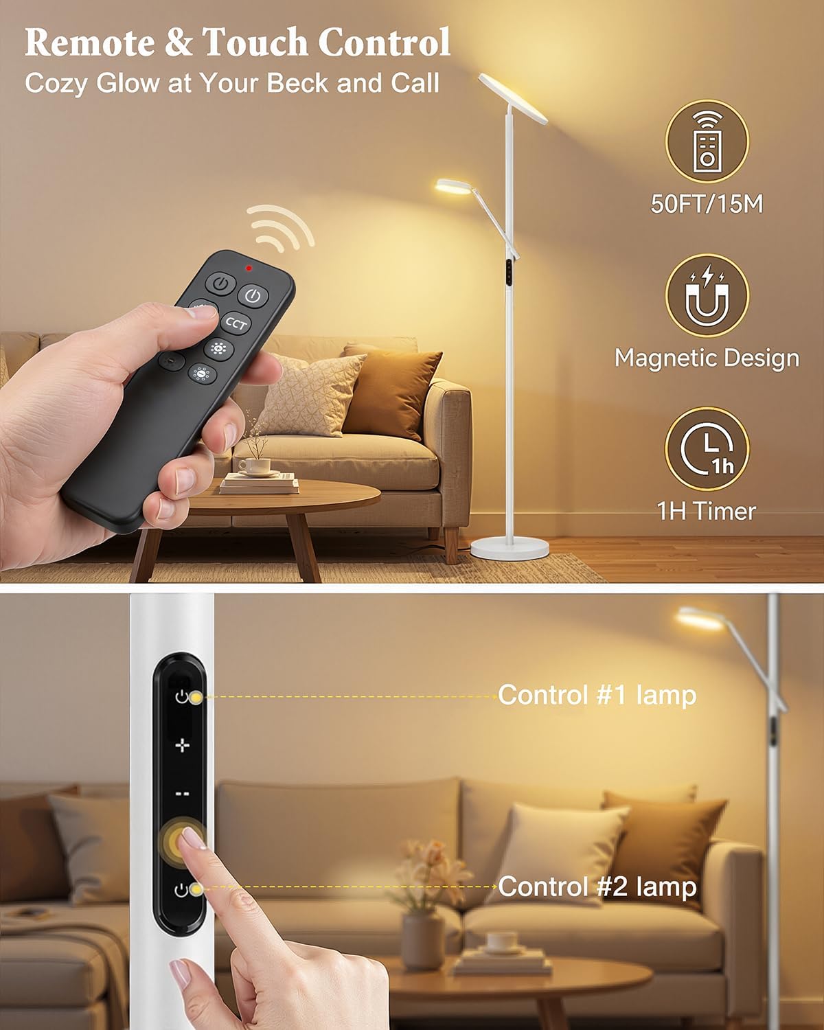 Floor Lamp, Upgraded 36W 3000LM Torchiere Super Bright LED Floor Lamp for Living Room, Stepless Dimmable Black Modern Standing Lamp with Remote & Touch Control, Tall Lamp for Bedroom, Office, White