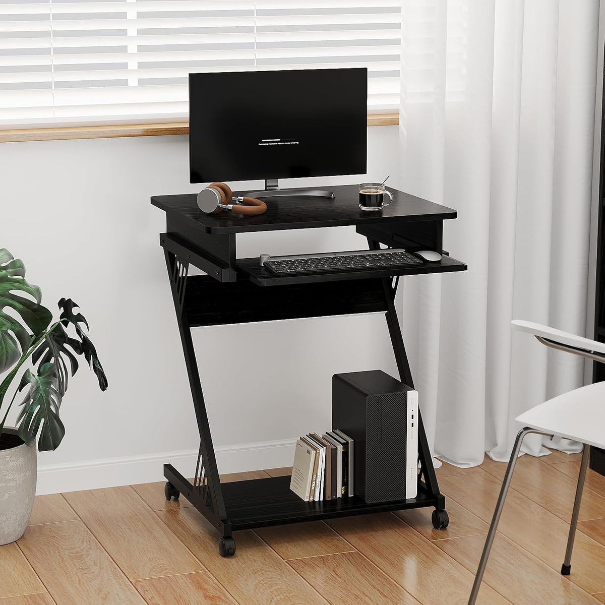 Zenira 24-Inch Small Computer Desk, Z Shape Laptop Desk Cart on Wheels
