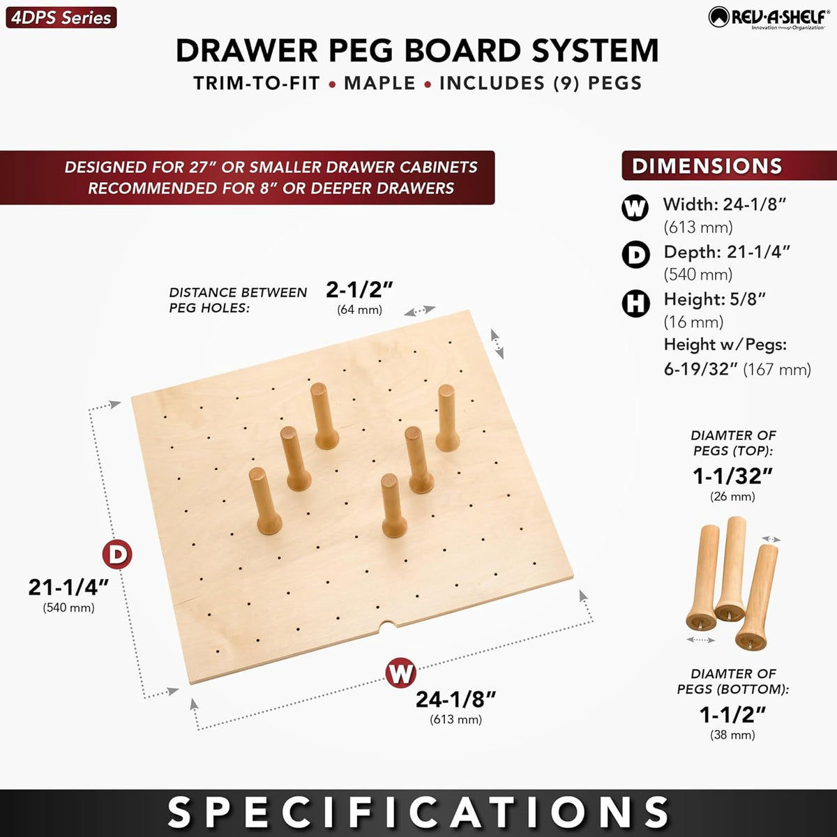 Rev-A-Shelf Trimmable Pegboard Drawer Divider Organizer, 24" x 21"